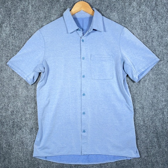 Lululemon Commission Shirt Mens M Blue Short Sleeve Button Down Pocket #AB447 - Picture 1 of 8